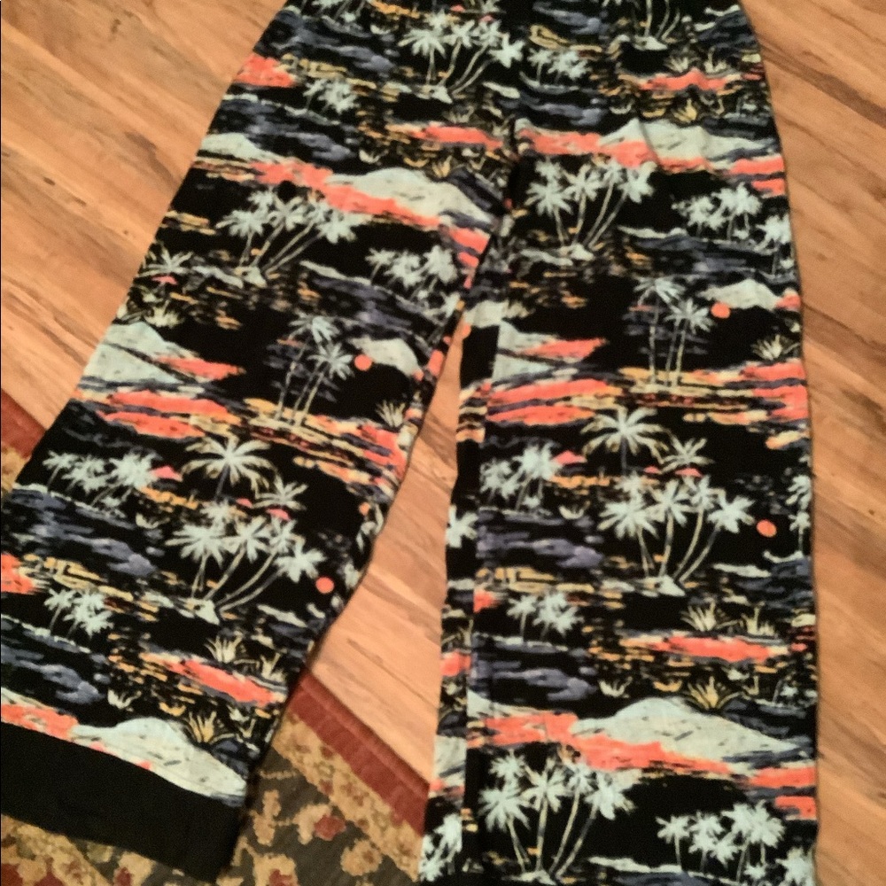 Wide Leg Tropical Print Pants in Black with Coral and Aqua
